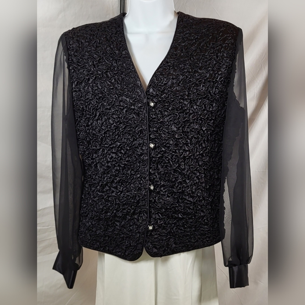 JEFFREY & DARA Black Satin Ruffle Sheer Sleeve Silky Evening Coverup - Size 12
